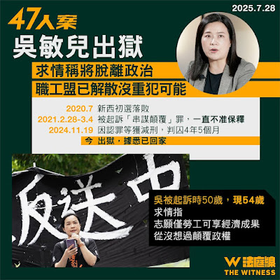 获刑4年5个月的香港四十七人案之吴敏儿已获释回家