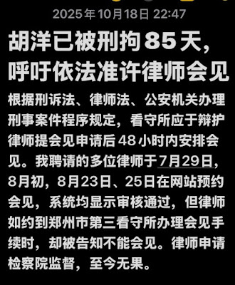 荷蘭留學生胡洋暑假回國被捕已85天  會見律師權利被無理剝奪
